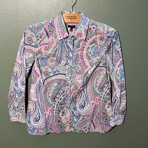 Talbots Petite Vibrant Paisley Button-Down Shirt Pink Blue Green Blouse